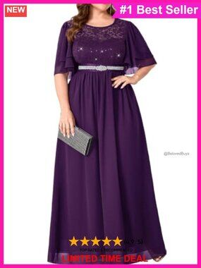Plus Size Sequin Lace Maxi Formal Dress Ruffle Sleeve A-Line Gown